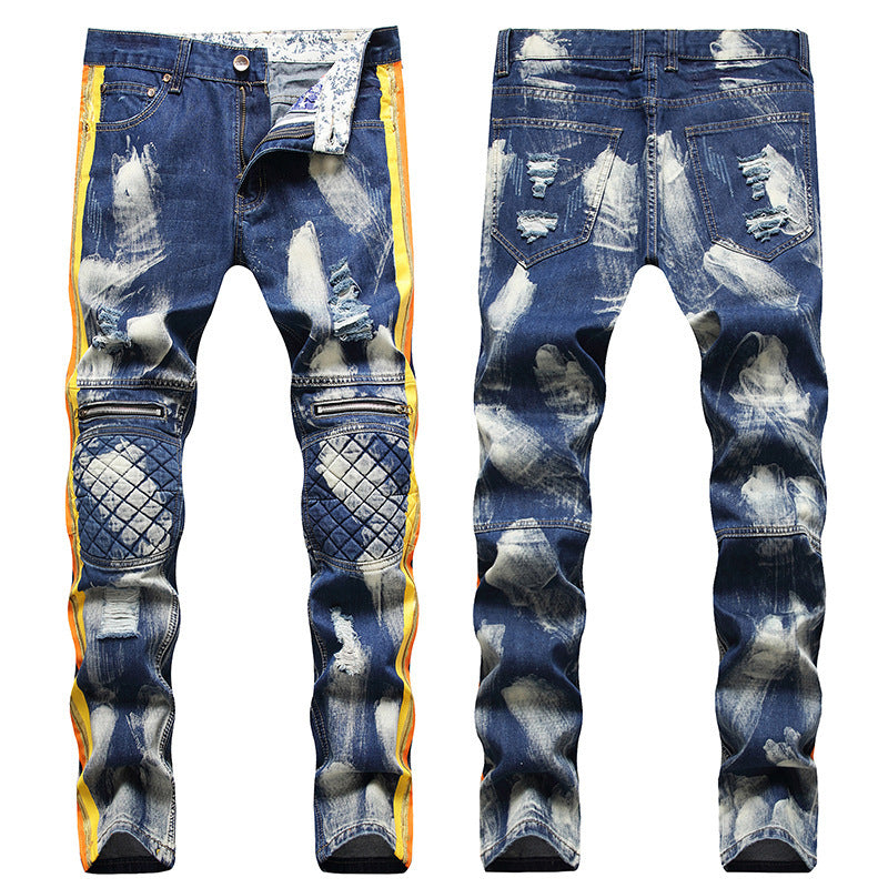 Denim Biker Jeans Contrast Color Knee Protect