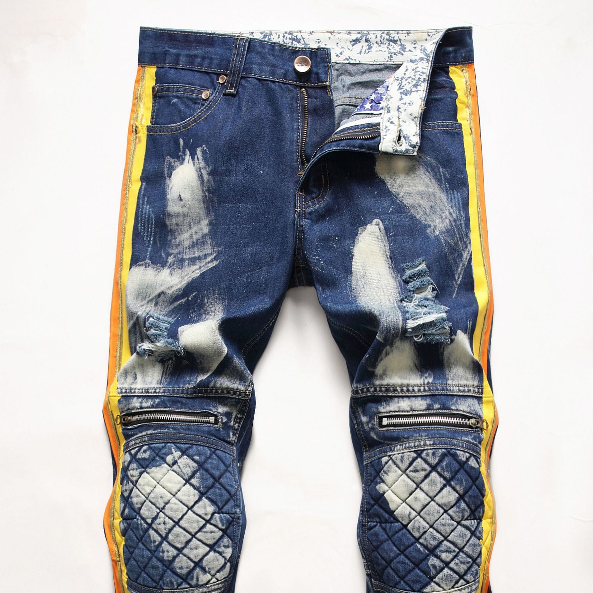 Denim Biker Jeans Contrast Color Knee Protect
